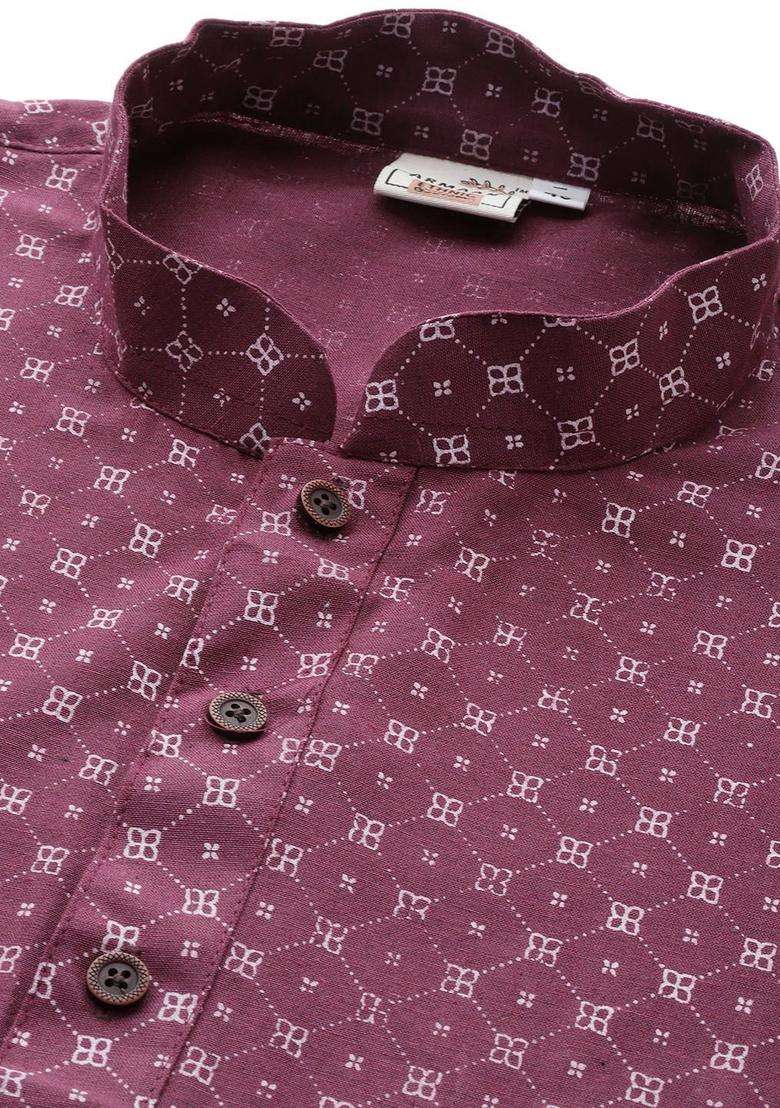 Maroon Printed Cotton Kurta Set For Men - Indya