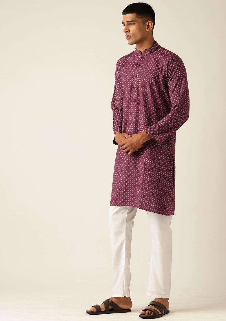 Maroon Printed Cotton Kurta Set For Men - Indya
