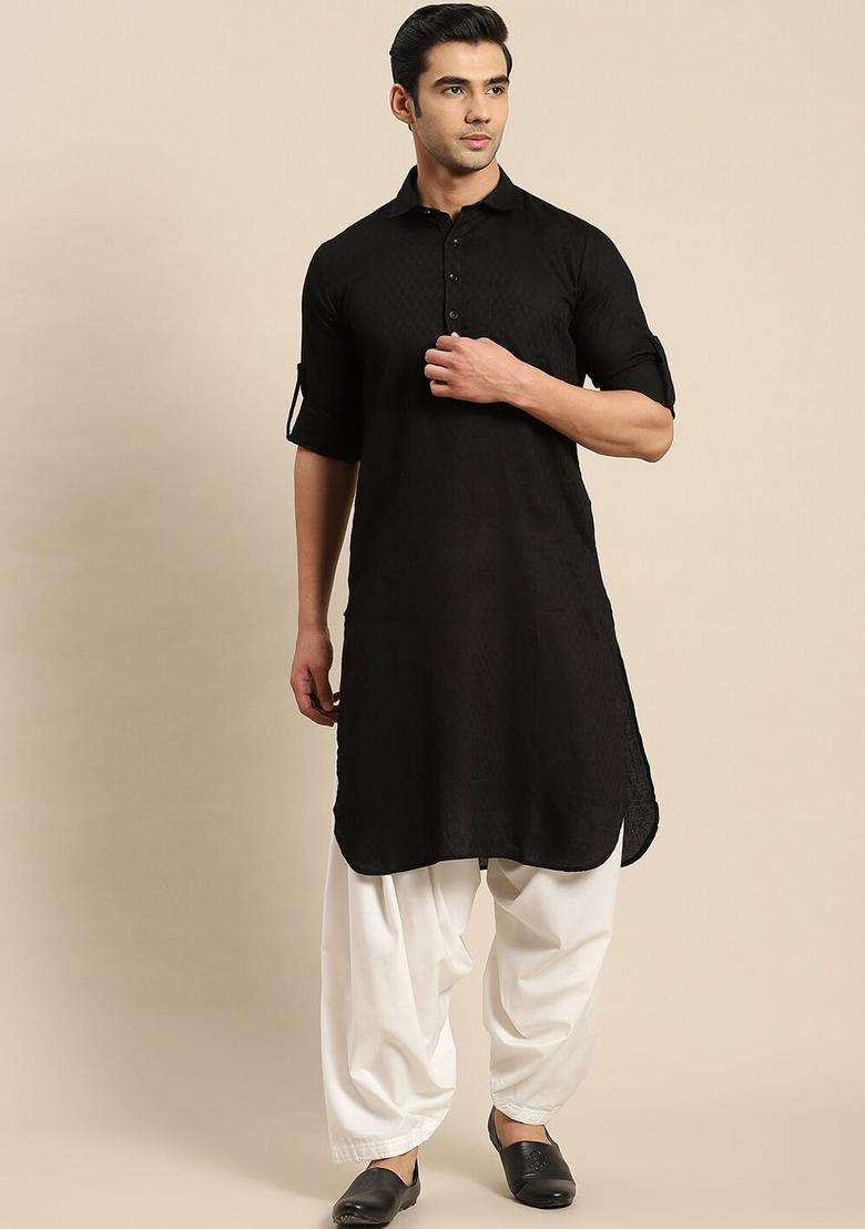Black Woven Design Cotton Kurta Set For Men - Indya