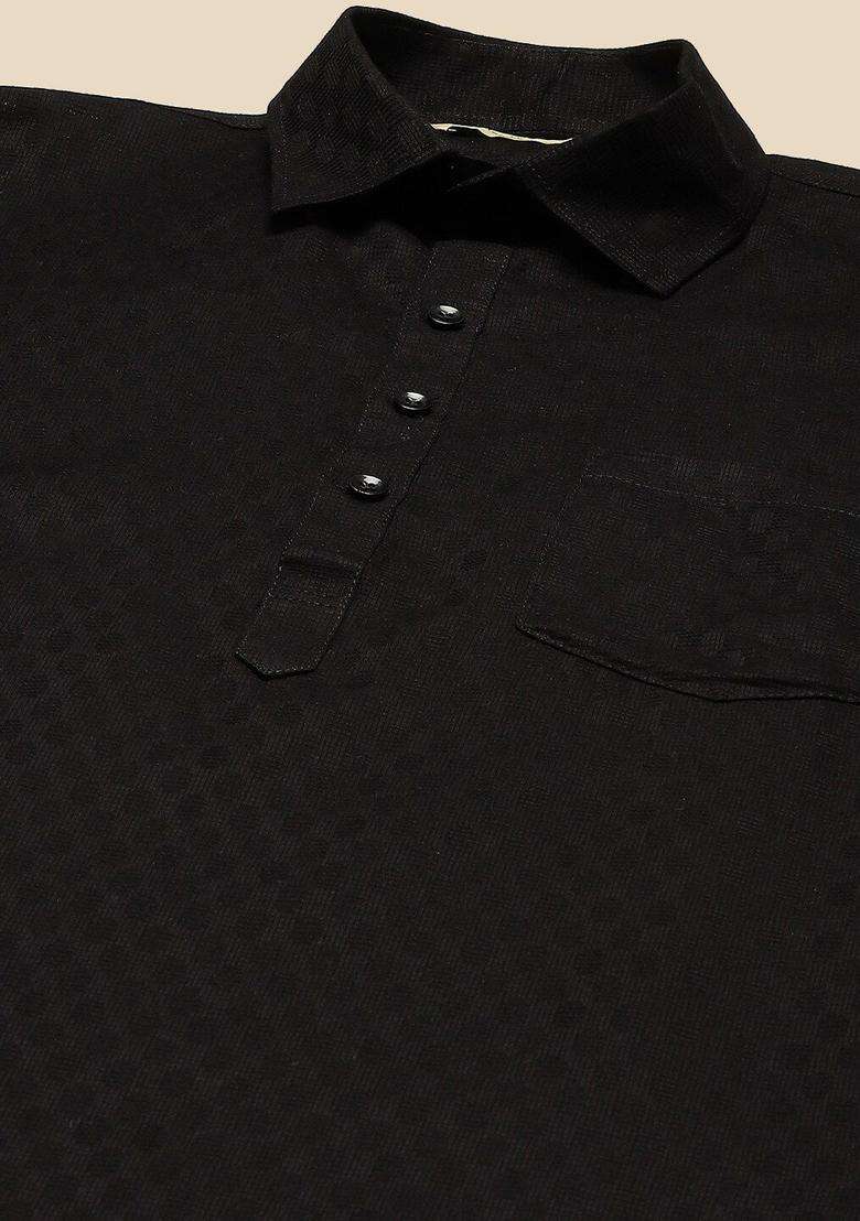 Black Woven Design Cotton Kurta Set For Men - Indya