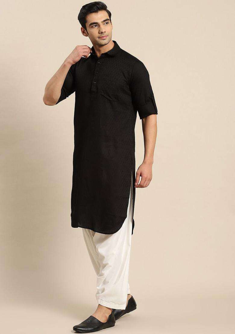 Black Woven Design Cotton Kurta Set For Men - Indya
