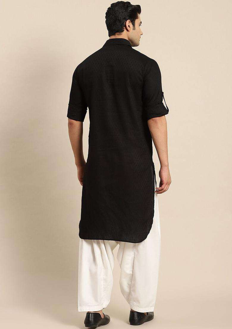 Black Woven Design Cotton Kurta Set For Men - Indya