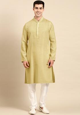 Green Solid Cotton Kurta Set For Men