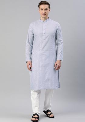 Grey Woven Design Cotton Kurta Set For Men