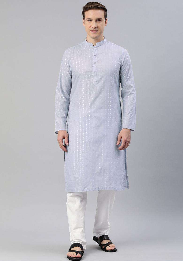 Grey Woven Design Cotton Kurta Set For Men - Indya