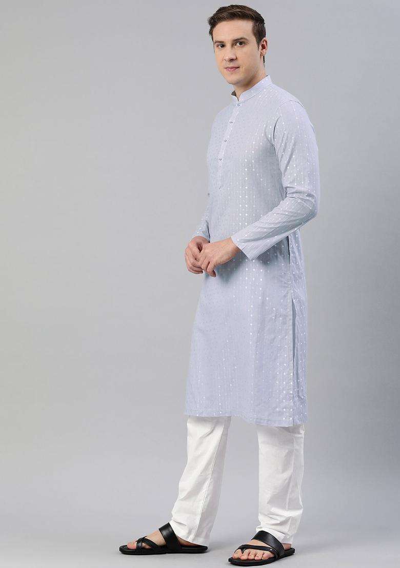 Grey Woven Design Cotton Kurta Set For Men - Indya