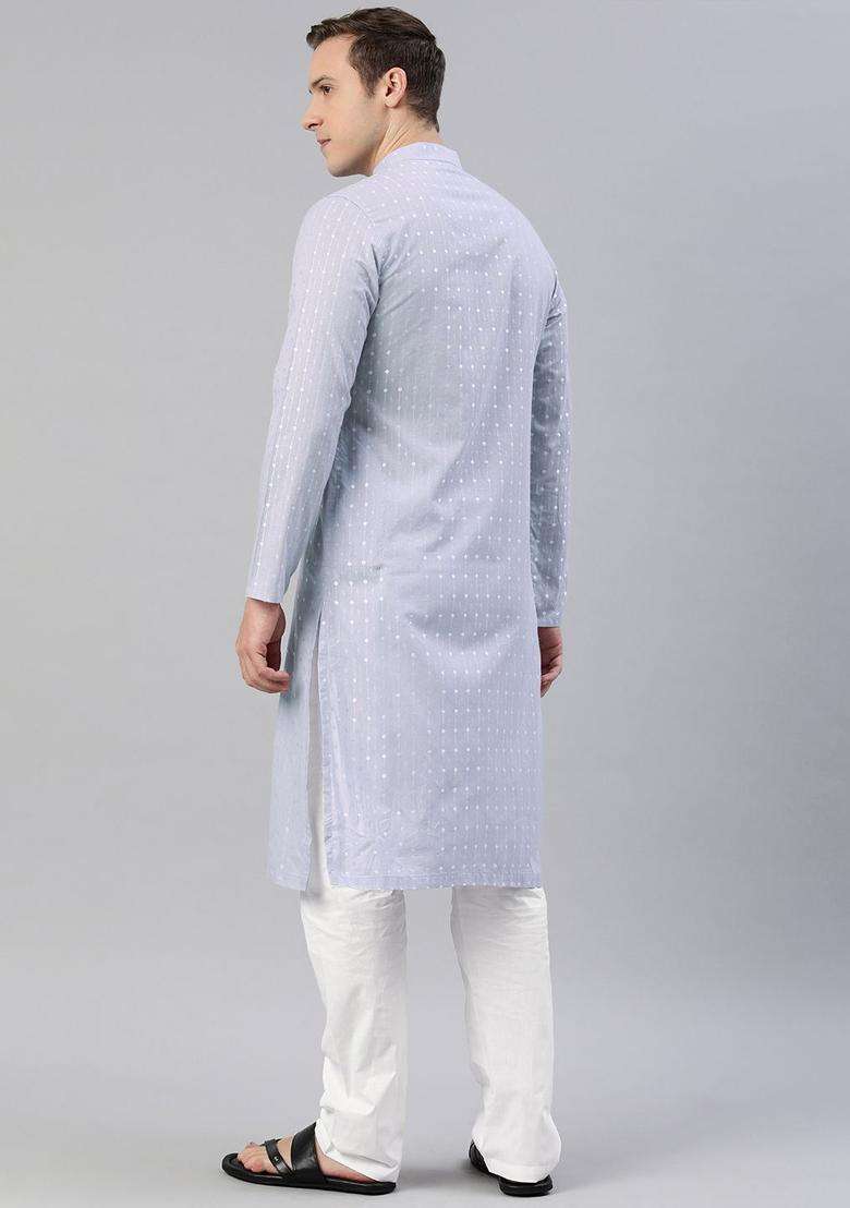 Grey Woven Design Cotton Kurta Set For Men - Indya