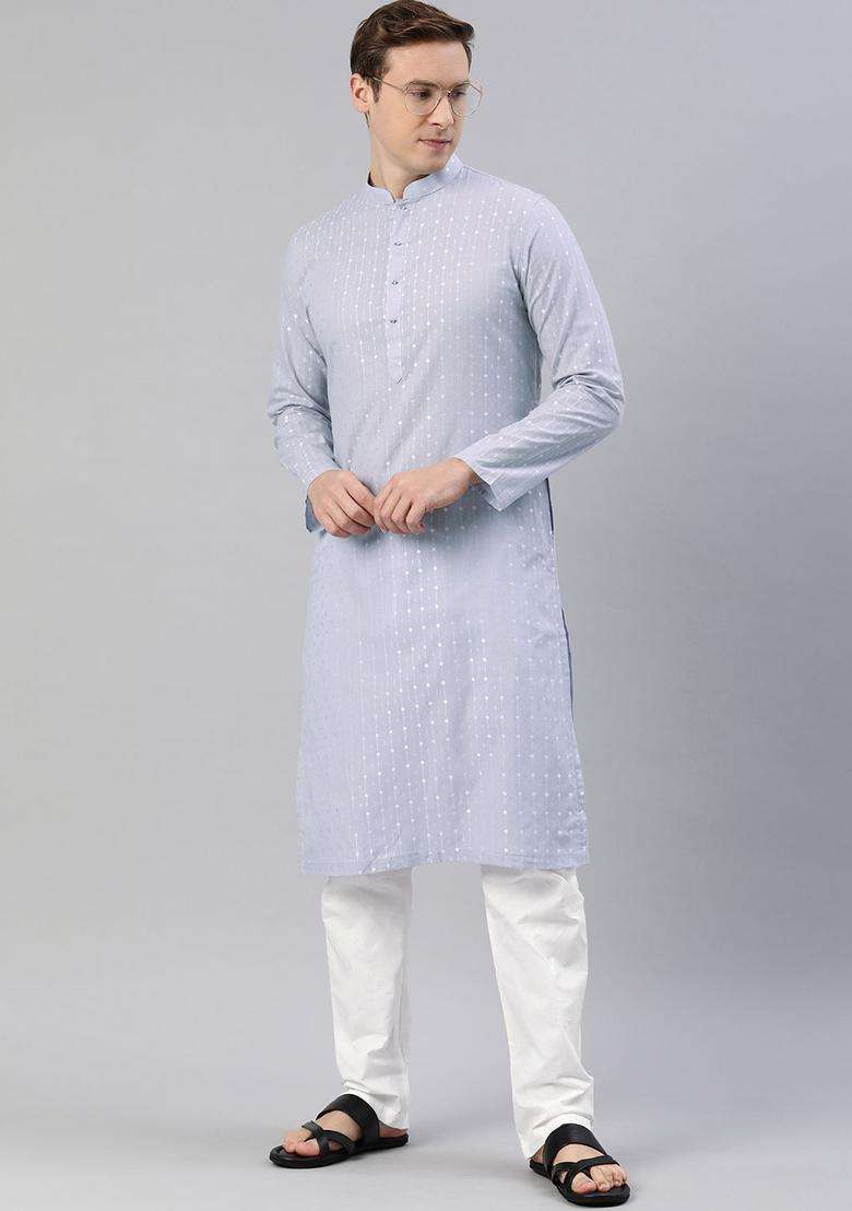 Grey Woven Design Cotton Kurta Set For Men - Indya
