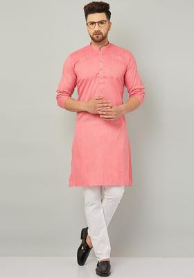 Pink Printed Cotton Kurta Set For Men