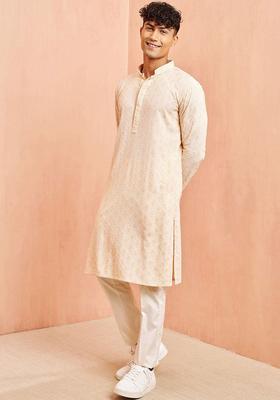 Peach Embroidered Viscose Kurta Set For Men