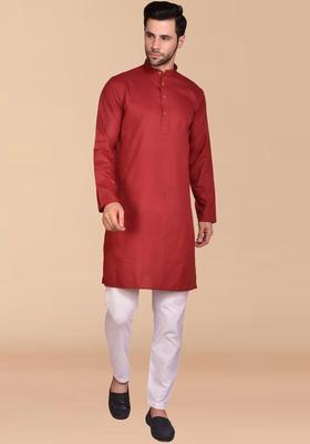 Maroon Solid Cotton Kurta Set For Men