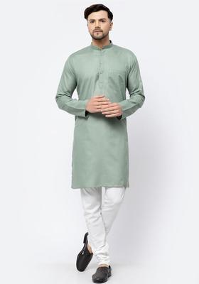 Olive Solid Cotton Kurta Set For Men