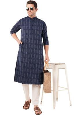 Navy Blue Printed Cotton Kurta Set For Men