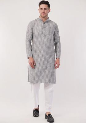 Grey Printed Cotton Kurta Set For Men