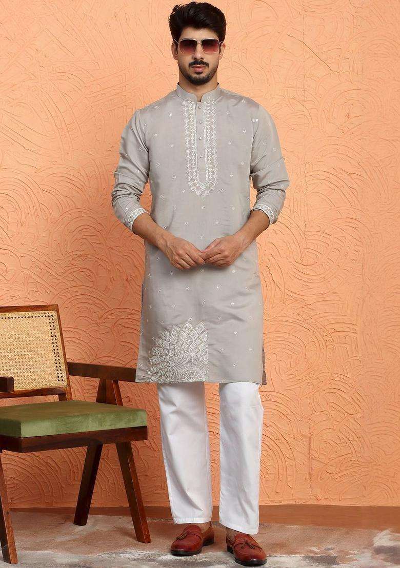 Grey Embroidered Silk Blend Kurta Set For Men - Indya