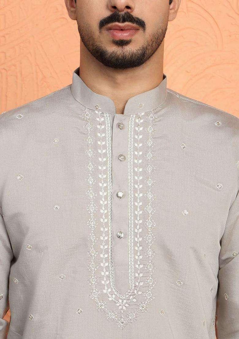 Grey Embroidered Silk Blend Kurta Set For Men - Indya