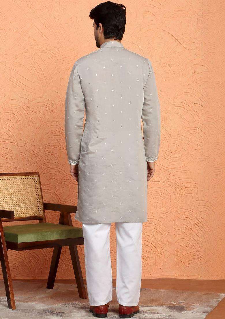Grey Embroidered Silk Blend Kurta Set For Men - Indya