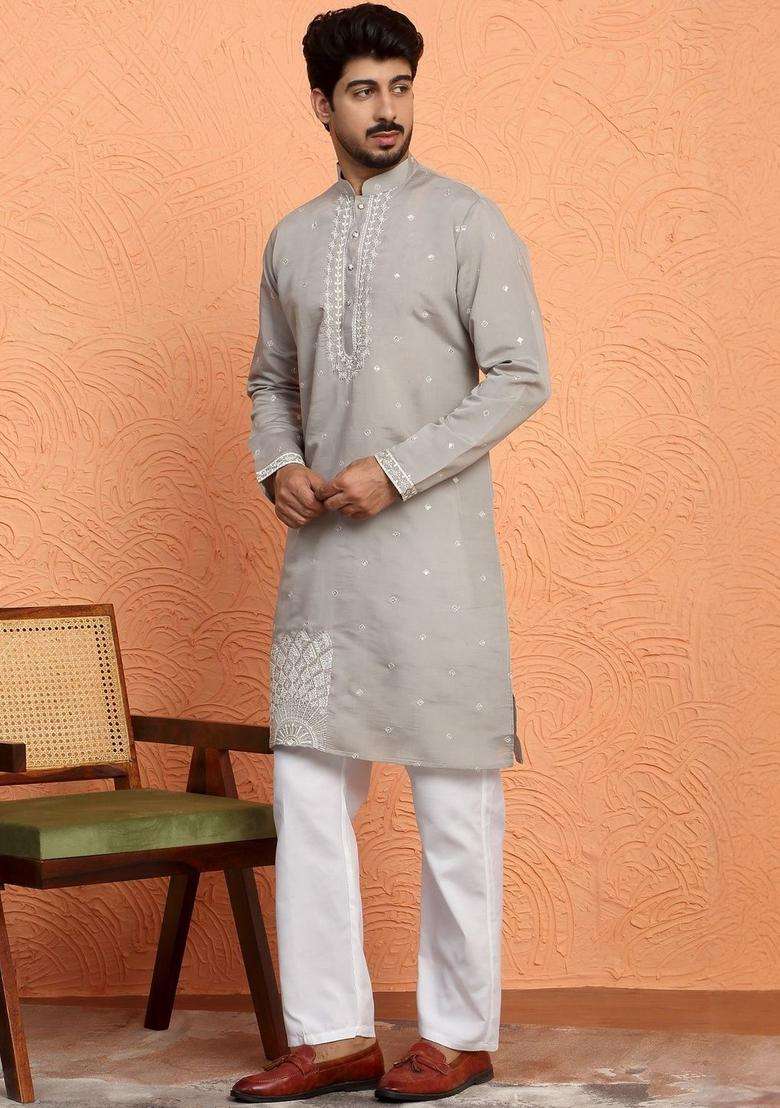 Grey Embroidered Silk Blend Kurta Set For Men - Indya