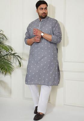 Grey Printed Cotton Kurta Set For Men