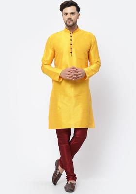 Yellow Solid Silk Kurta Set For Men