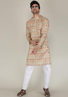 Beige Printed Cotton Kurta Set For Men