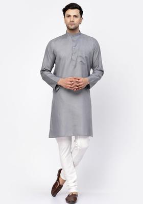 Grey Solid Cotton Kurta Set For Men