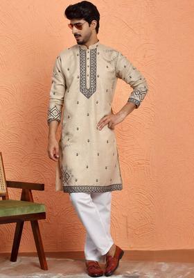 Beige Printed Cotton Kurta Set For Men