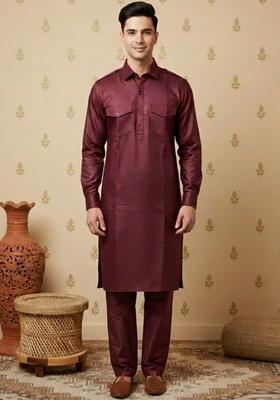 Maroon Solid Cotton Kurta Set For Men