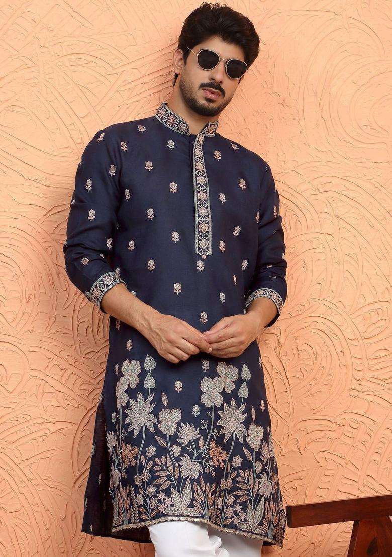 Navy Blue Printed Silk Kurta Set For Men - Indya
