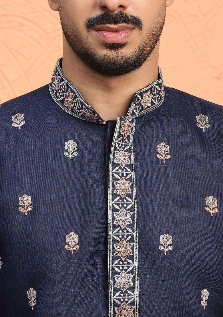 Navy Blue Printed Silk Kurta Set For Men - Indya