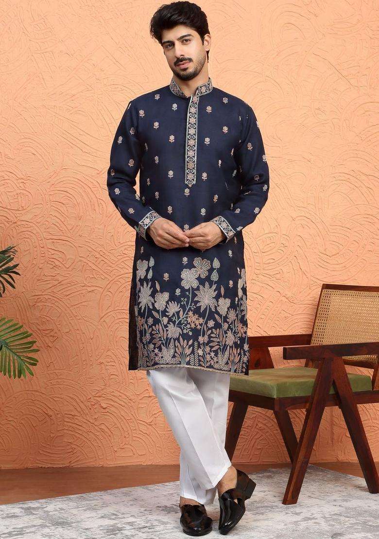 Navy Blue Printed Silk Kurta Set For Men - Indya