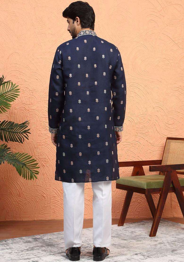 Navy Blue Printed Silk Kurta Set For Men - Indya
