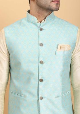 Turquoise Blue Woven Design Silk Blend Kurta Set For Men