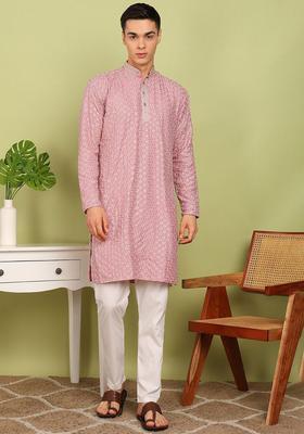 Pink Embroidered Cotton Kurta Set For Men