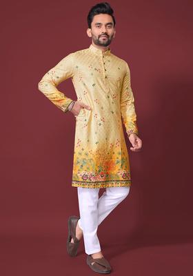 Yellow Printed Cotton Kurta Set For Men