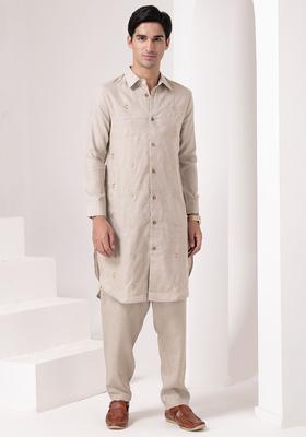 Cream Solid Linen Kurta Set For Men