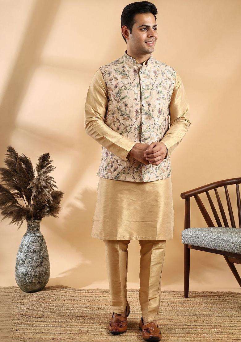 Beige Solid Silk Blend Kurta Set For Men - Indya