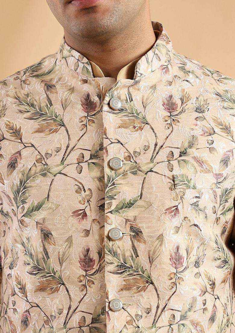 Beige Solid Silk Blend Kurta Set For Men - Indya