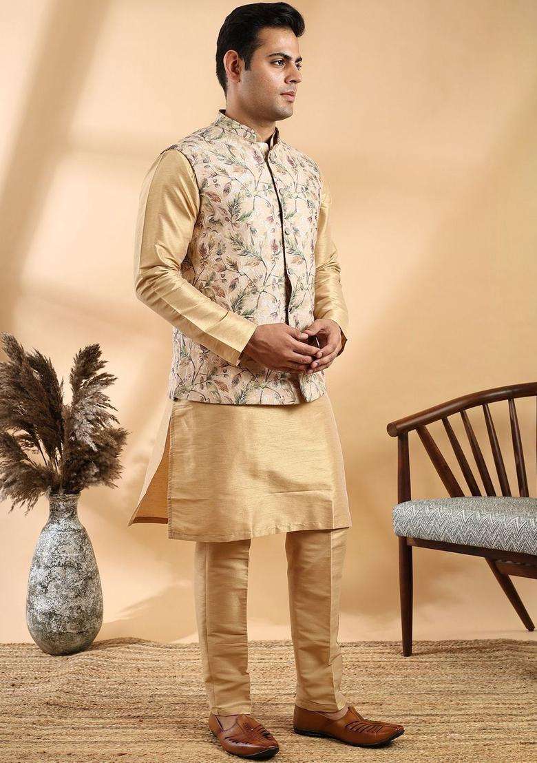 Beige Solid Silk Blend Kurta Set For Men - Indya