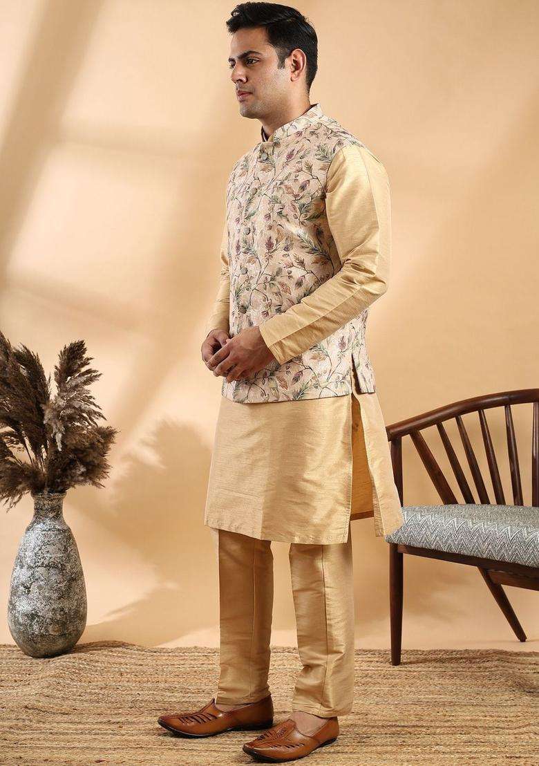 Beige Solid Silk Blend Kurta Set For Men - Indya