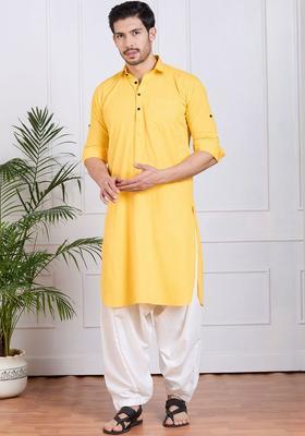 Yellow Striped Cotton Kurta Set For Men