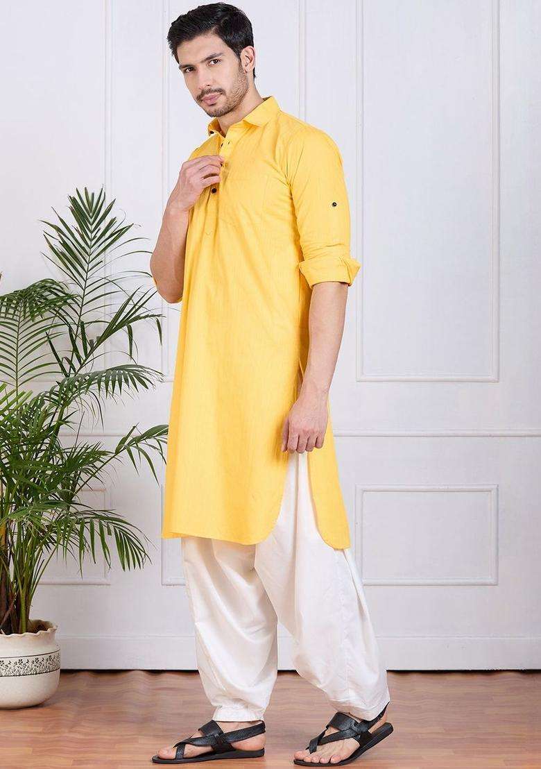 Yellow Striped Cotton Kurta Set For Men - Indya