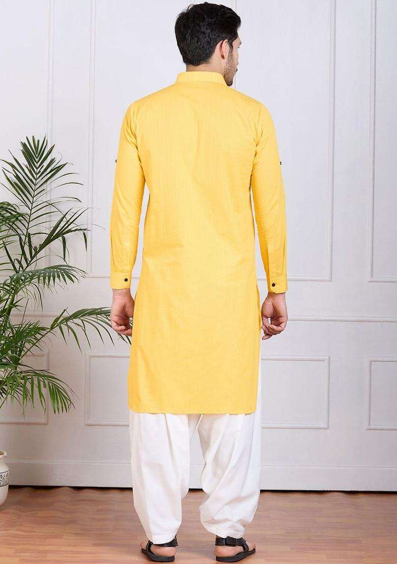 Yellow Striped Cotton Kurta Set For Men - Indya