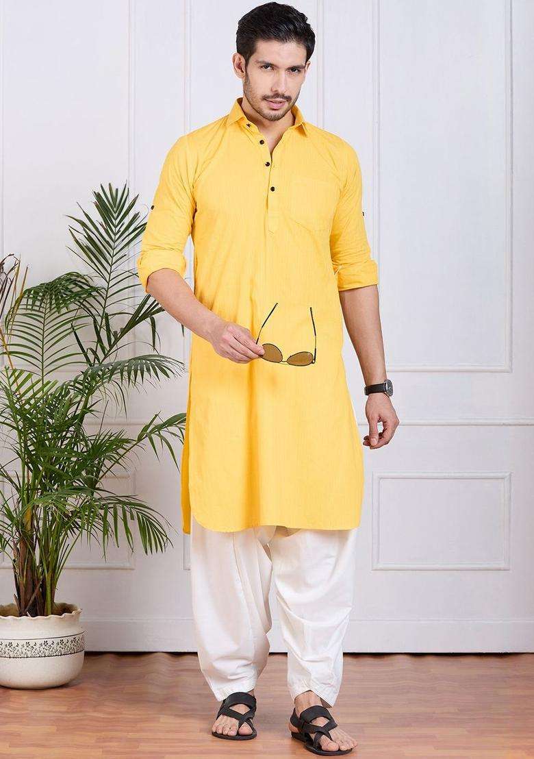 Yellow Striped Cotton Kurta Set For Men - Indya