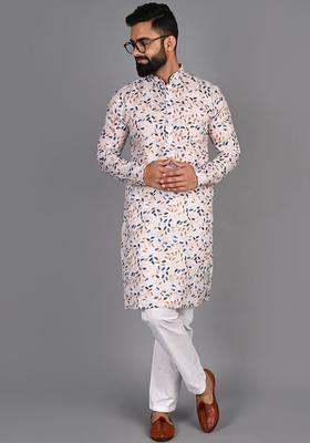 Pink Printed Cotton Kurta Set For Men