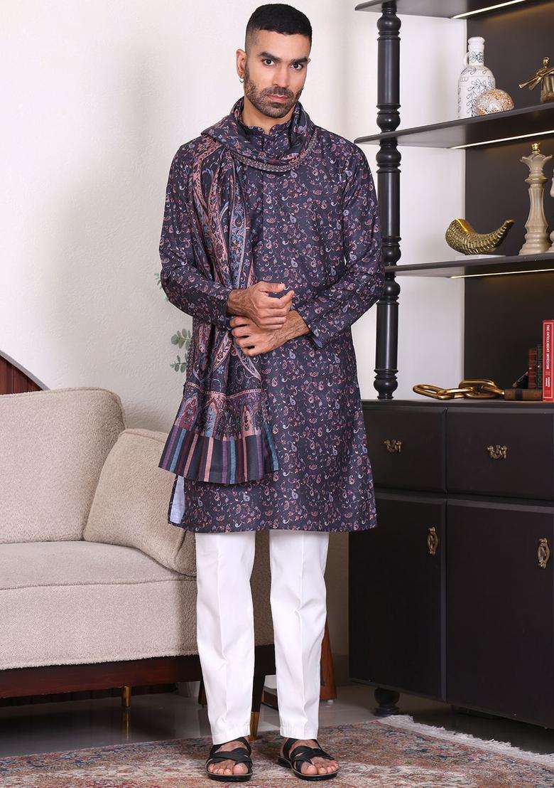 Multi Embroidered Cotton Kurta Set For Men - Indya