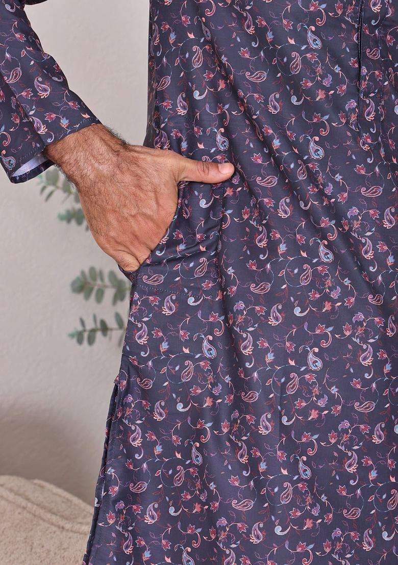Multi Embroidered Cotton Kurta Set For Men - Indya