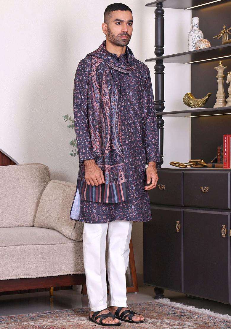 Multi Embroidered Cotton Kurta Set For Men - Indya