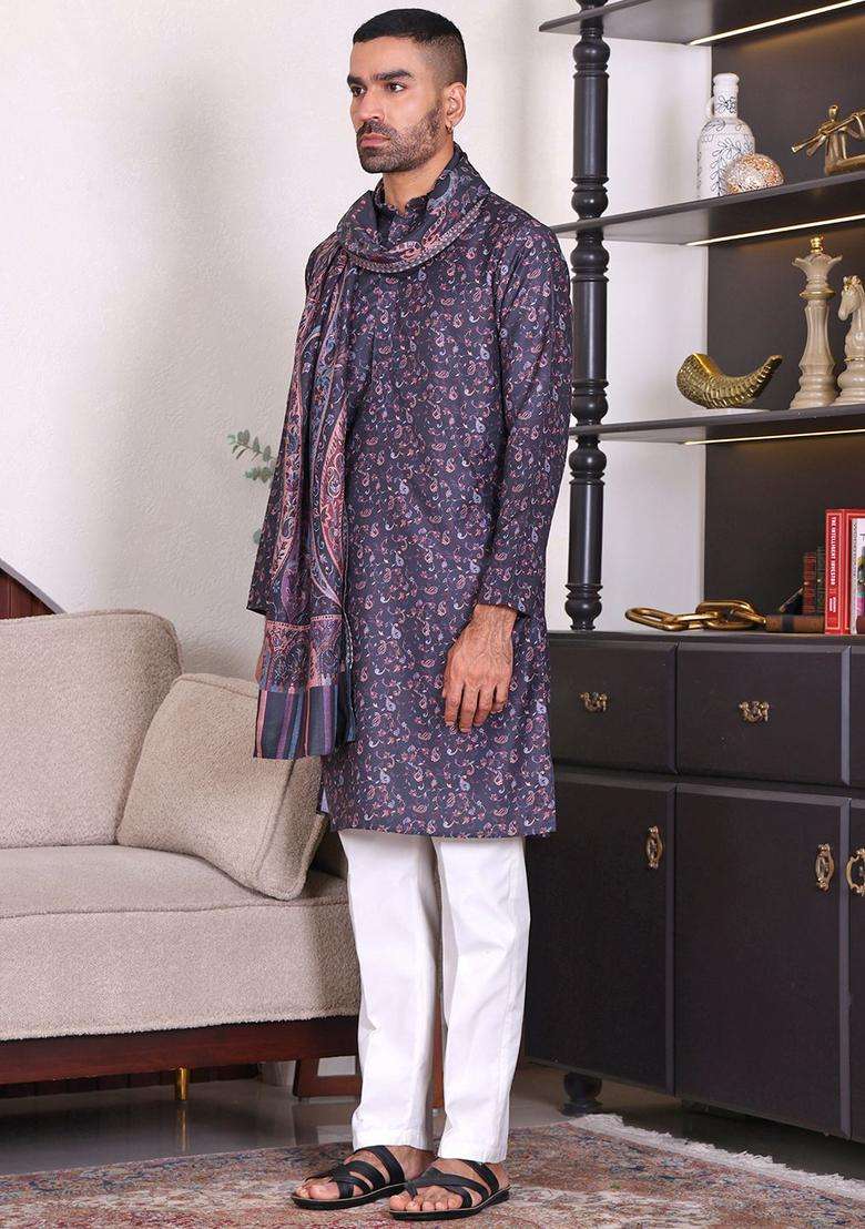 Multi Embroidered Cotton Kurta Set For Men - Indya
