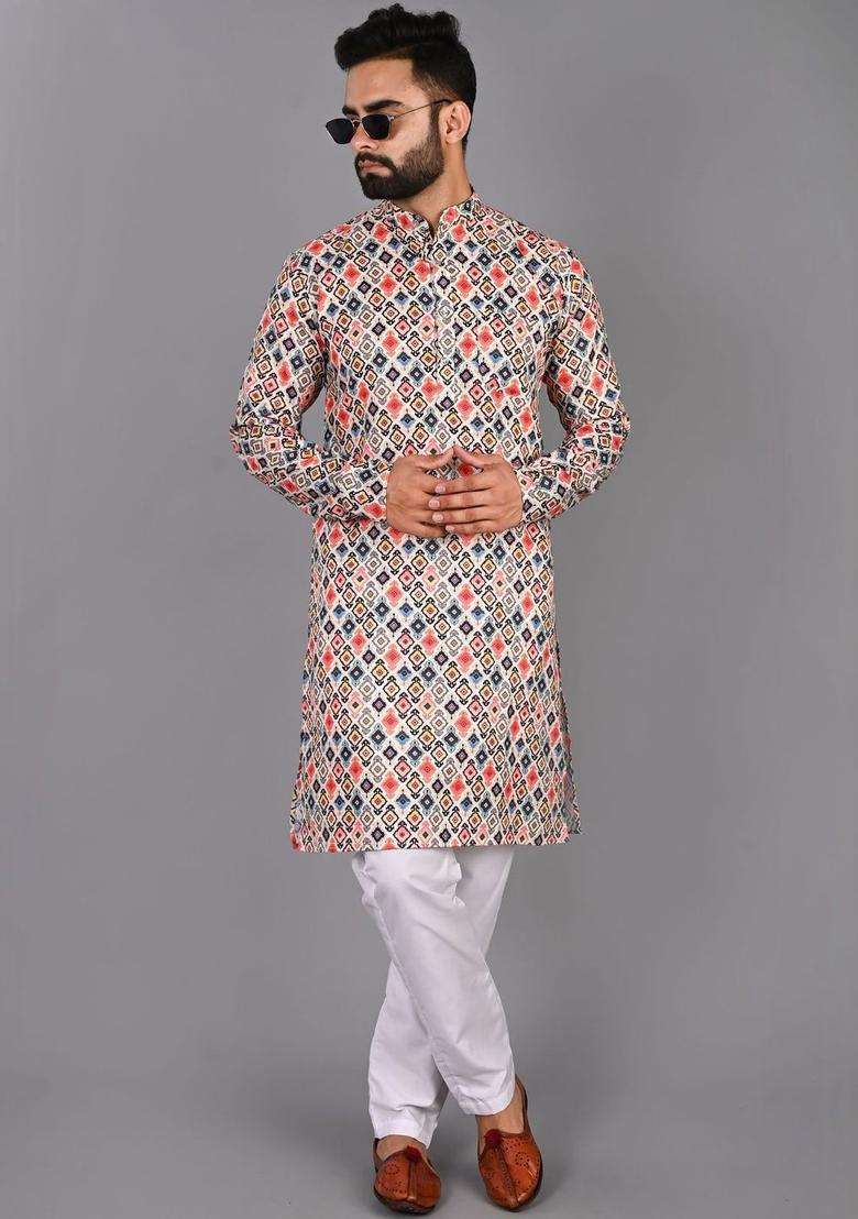 Multi Printed Cotton Kurta Set For Men - Indya
